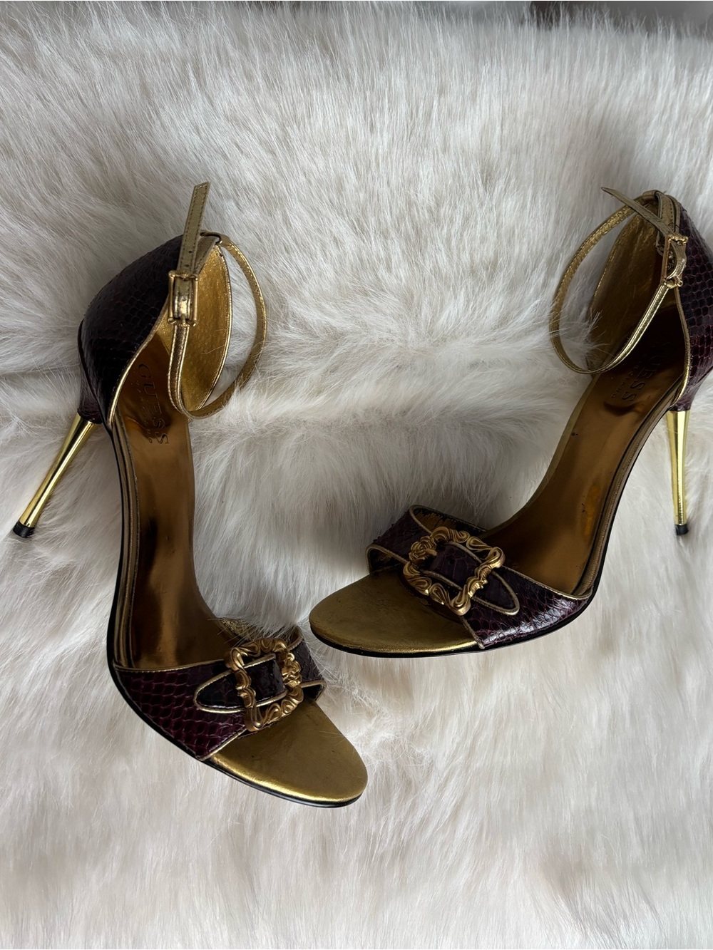 GUESS by Marciano Burgundy Snakeskin Gold Stiletto Heels Y2K